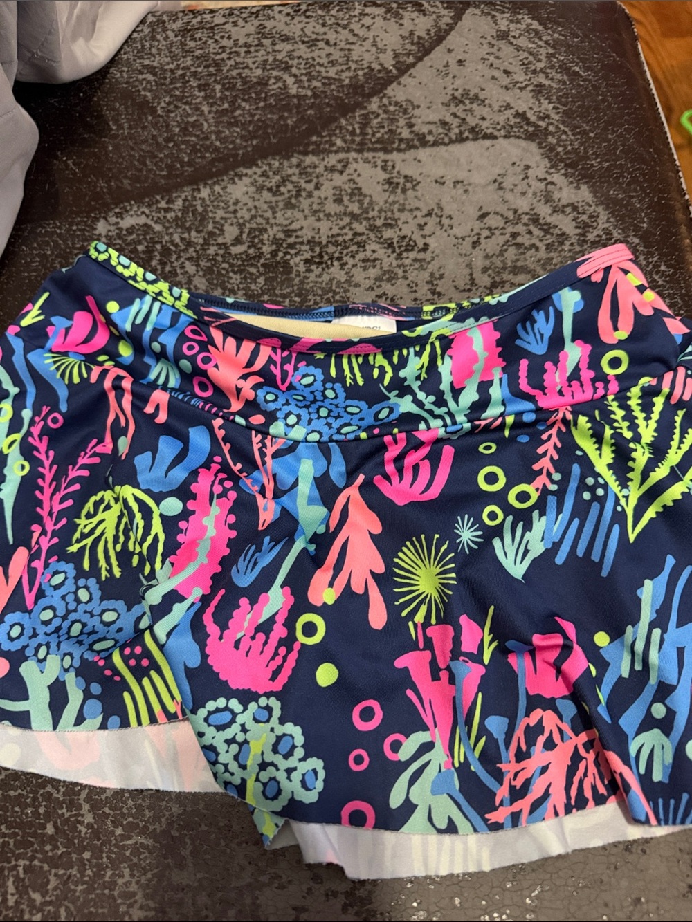 Lands' End Girls' Navy Swim Skort with Neon Coral Reef Print
